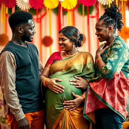 A vibrant and intimate scene showcasing African males and African females tenderly interacting with a busty pregnant Indian lady in a beautifully draped saree