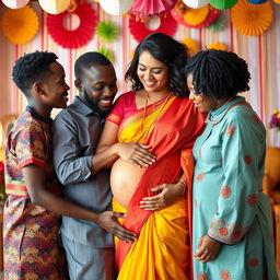 A vibrant and intimate scene showcasing African males and African females tenderly interacting with a busty pregnant Indian lady in a beautifully draped saree