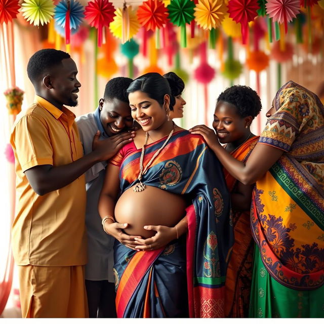 A vibrant and intimate scene showcasing African males and African females tenderly interacting with a busty pregnant Indian lady in a beautifully draped saree