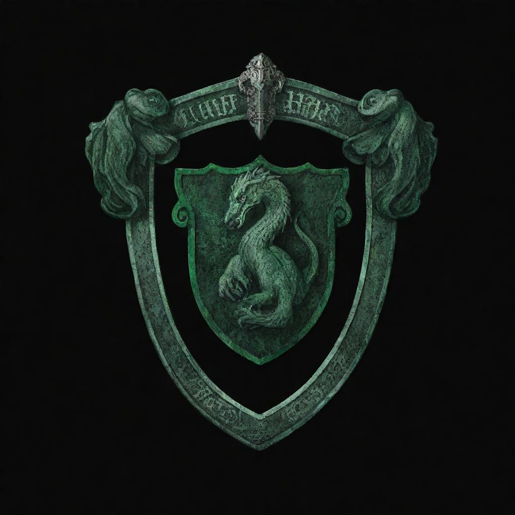 Create a wallpaper featuring the Slytherin house crest from Harry Potter on a deep, pure black background. The crest should emanate a subtle green glow for an enchanting effect.