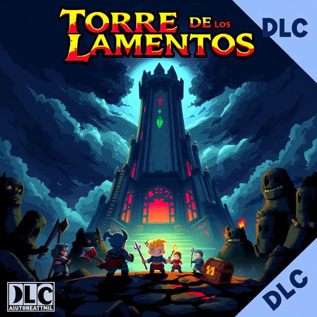 Pixel art cover for a video game titled 'Torre de los Lamentos', featuring a Giant Dungeon and colossal Boss monsters