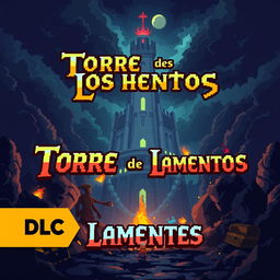 Pixel art cover for a video game titled 'Torre de los Lamentos', featuring a Giant Dungeon and colossal Boss monsters