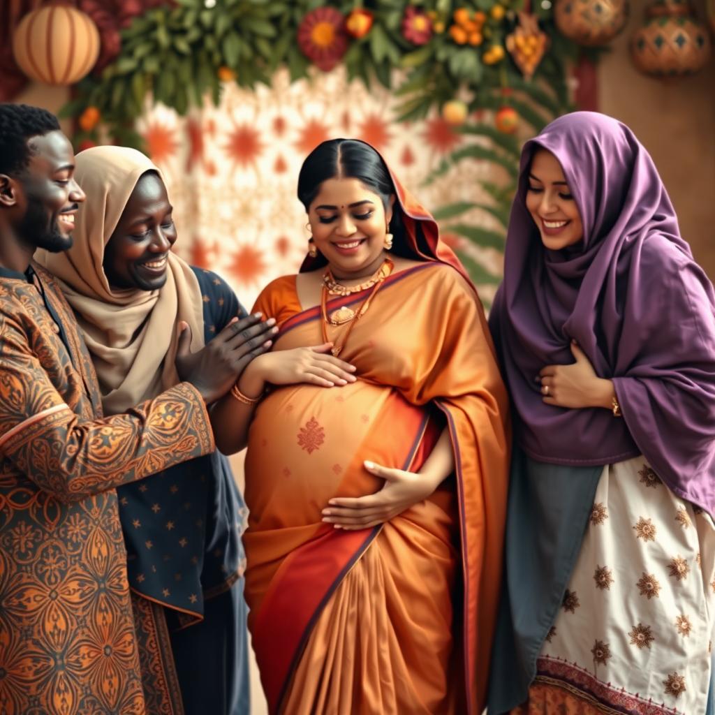 A warm and inclusive scene depicting African males and Muslim females gently interacting with a busty pregnant Indian lady dressed in an elegant saree