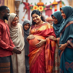 A warm and inclusive scene depicting African males and Muslim females gently interacting with a busty pregnant Indian lady dressed in an elegant saree