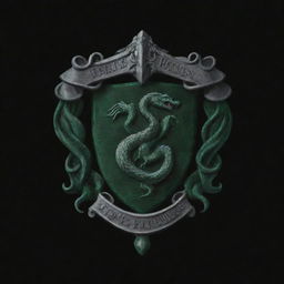 Create a wallpaper featuring the Slytherin house crest from Harry Potter on a deep, pure black background. The crest should emanate a subtle green glow for an enchanting effect.