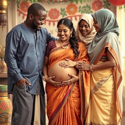 A warm and inclusive scene depicting African males and Muslim females gently interacting with a busty pregnant Indian lady dressed in an elegant saree