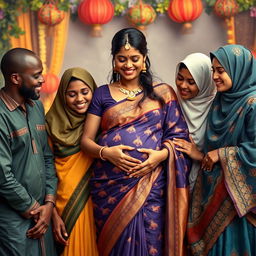 A warm and inclusive scene depicting African males and Muslim females gently interacting with a busty pregnant Indian lady dressed in an elegant saree