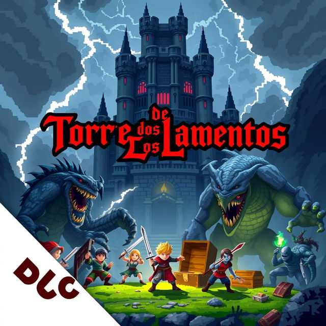 Pixel art cover for a video game titled 'Torre de los Lamentos', featuring a Giant Dungeon and colossal Boss monsters