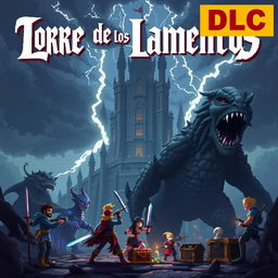 Pixel art cover for a video game titled 'Torre de los Lamentos', featuring a Giant Dungeon and colossal Boss monsters