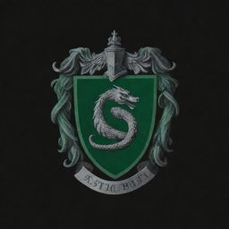 Create a wallpaper featuring the Slytherin house crest from Harry Potter on a deep, pure black background. The crest should emanate a subtle green glow for an enchanting effect.