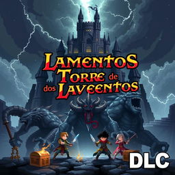 Pixel art cover for a video game titled 'Torre de los Lamentos', featuring a Giant Dungeon and colossal Boss monsters