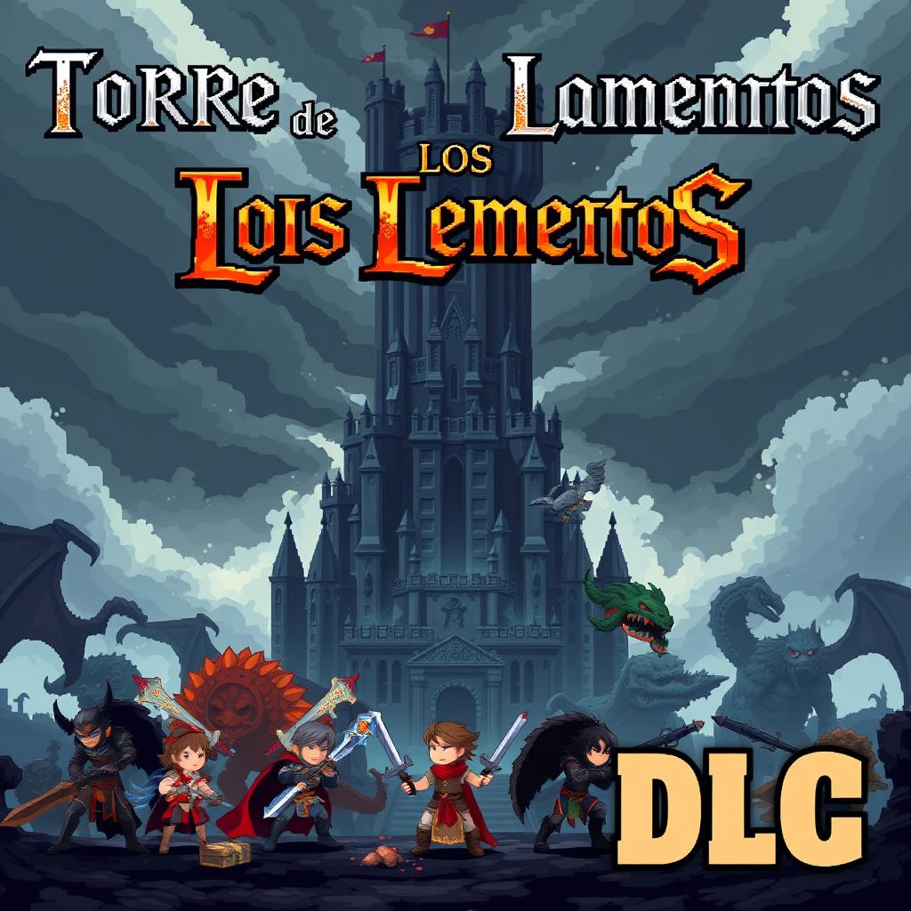 Pixel art cover for a video game titled 'Torre de los Lamentos', featuring a Giant Dungeon and colossal Boss monsters