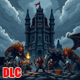 Pixel art cover for a video game titled 'Torre de los Lamentos', featuring a Giant Dungeon and colossal Boss monsters