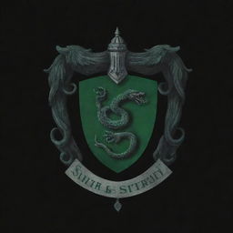 Create a wallpaper featuring the Slytherin house crest from Harry Potter on a deep, pure black background. The crest should emanate a subtle green glow for an enchanting effect.