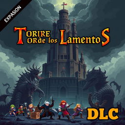 Pixel art cover for a video game titled 'Torre de los Lamentos', featuring a Giant Dungeon and colossal Boss monsters