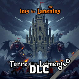 Pixel art cover for a video game titled 'Torre de los Lamentos', featuring a Giant Dungeon and colossal Boss monsters