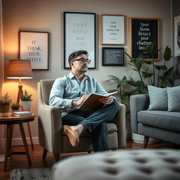 A thoughtful scene capturing a male introverted social worker in a cozy, private office setting designed for mental health support