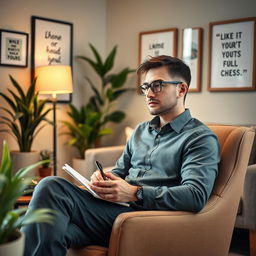 A thoughtful scene capturing a male introverted social worker in a cozy, private office setting designed for mental health support