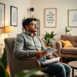 A thoughtful scene capturing a male introverted social worker in a cozy, private office setting designed for mental health support