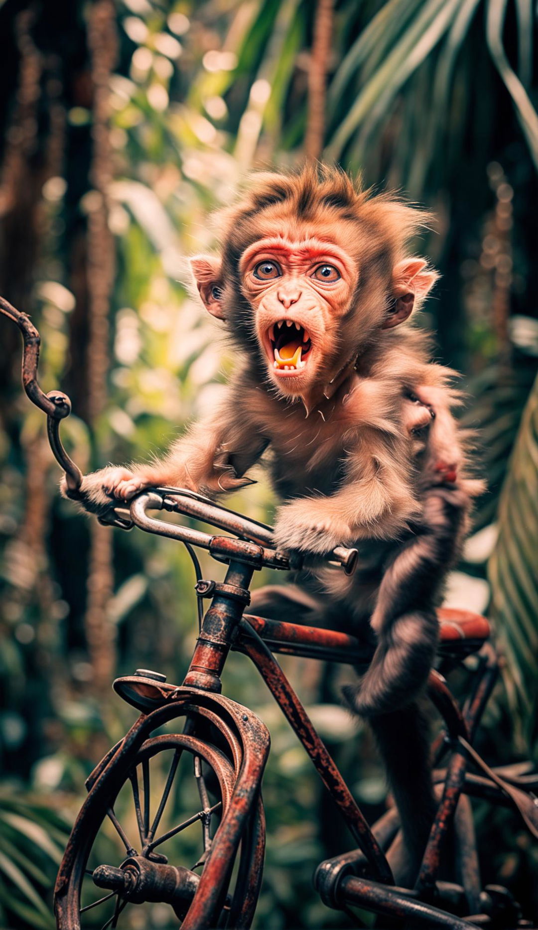 A baby macaque screaming while perched on a vintage bicycle in a lush jungle.