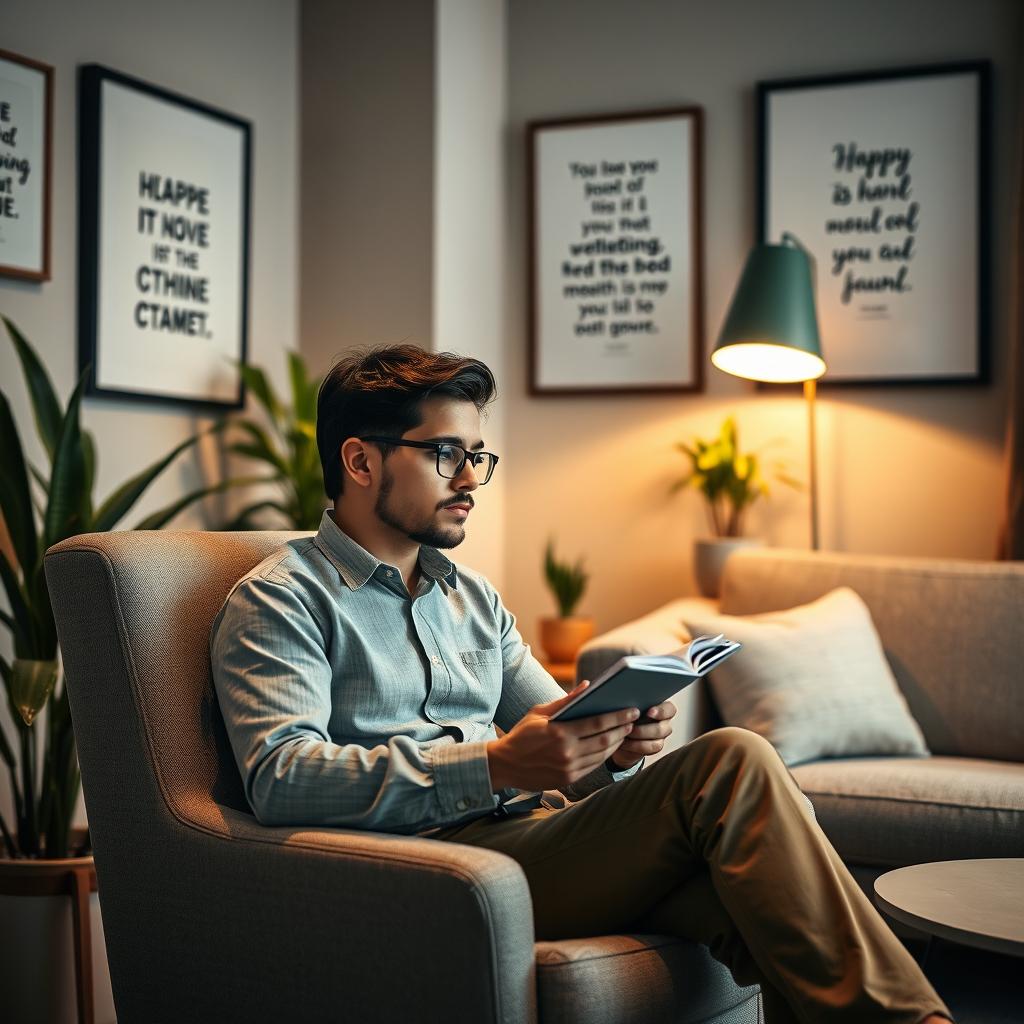 A thoughtful scene capturing a male introverted social worker in a cozy, private office setting designed for mental health support