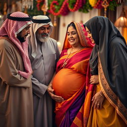 A respectful scene depicting older Arab males and Muslim females gently interacting with a busty pregnant Indian lady dressed in a vibrant saree