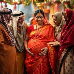 A respectful scene depicting older Arab males and Muslim females gently interacting with a busty pregnant Indian lady dressed in a vibrant saree