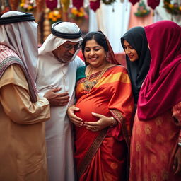 A respectful scene depicting older Arab males and Muslim females gently interacting with a busty pregnant Indian lady dressed in a vibrant saree