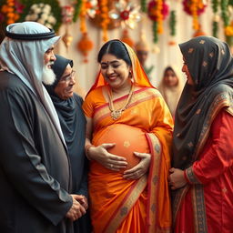 A respectful scene depicting older Arab males and Muslim females gently interacting with a busty pregnant Indian lady dressed in a vibrant saree