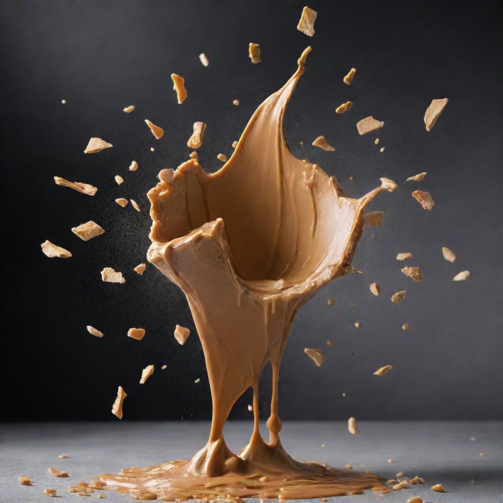 An explosion of creamy peanut butter in mid-air, with shards of peanut and droplets of butter beautifully scattered around.