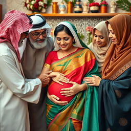 A respectful and heartwarming scene featuring older Arab males and Muslim females gently interacting with a young busty pregnant Indian lady clad in a vibrant saree