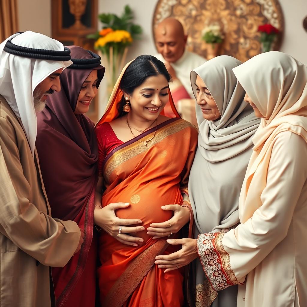 A respectful and heartwarming scene featuring older Arab males and Muslim females gently interacting with a young busty pregnant Indian lady clad in a vibrant saree