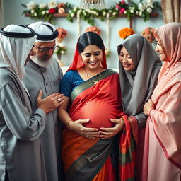 A respectful and heartwarming scene featuring older Arab males and Muslim females gently interacting with a young busty pregnant Indian lady clad in a vibrant saree