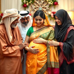 A respectful and heartwarming scene featuring older Arab males and Muslim females gently interacting with a young busty pregnant Indian lady clad in a vibrant saree