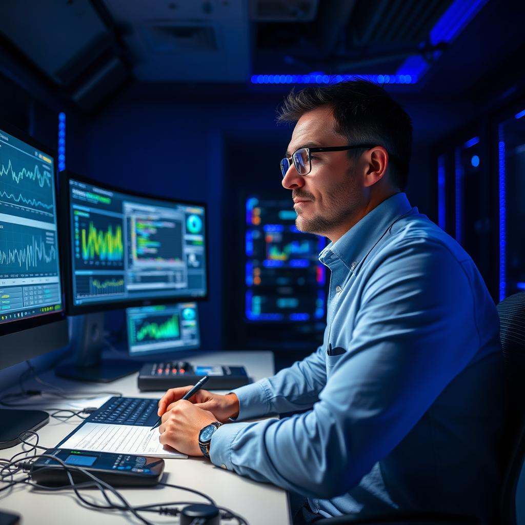 A focused scene featuring a male introverted IT manager supervising a room filled with computer systems and servers