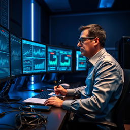 A focused scene featuring a male introverted IT manager supervising a room filled with computer systems and servers