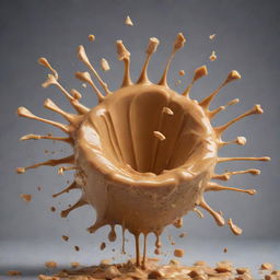 An explosion of creamy peanut butter in mid-air, with shards of peanut and droplets of butter beautifully scattered around.