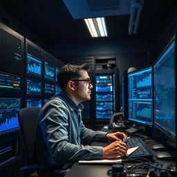 A focused scene featuring a male introverted IT manager supervising a room filled with computer systems and servers