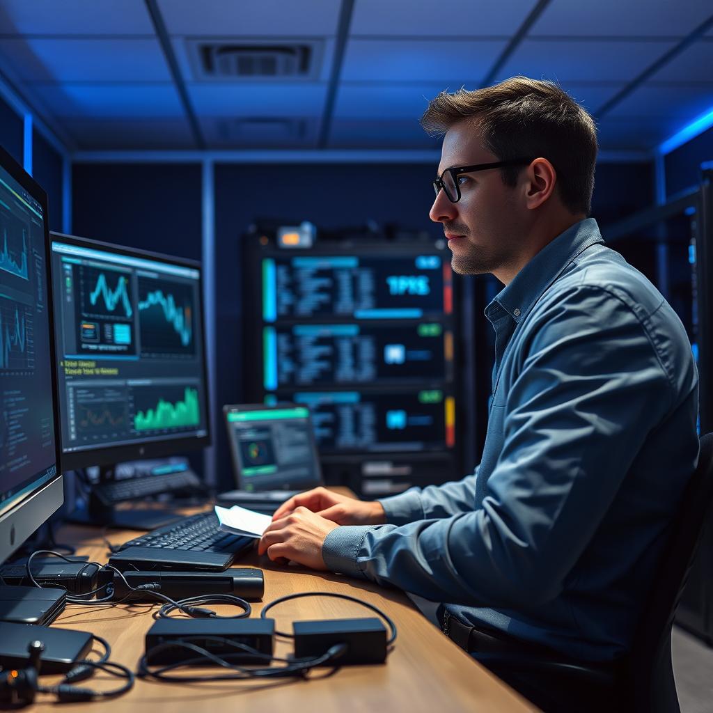 A focused scene featuring a male introverted IT manager supervising a room filled with computer systems and servers