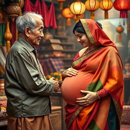 A scene depicting an old Chinese male and an old Chinese female interacting gently with a young, busty, pregnant Indian lady dressed in a colorful saree