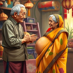 A scene depicting an old Chinese male and an old Chinese female interacting gently with a young, busty, pregnant Indian lady dressed in a colorful saree