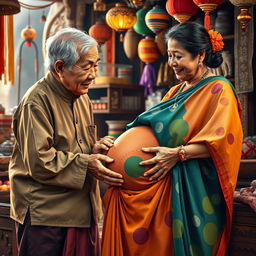 A scene depicting an old Chinese male and an old Chinese female interacting gently with a young, busty, pregnant Indian lady dressed in a colorful saree