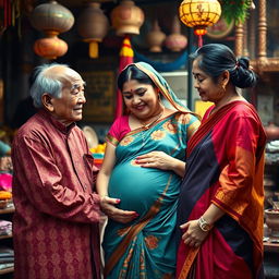 A scene depicting an old Chinese male and an old Chinese female interacting gently with a young, busty, pregnant Indian lady dressed in a colorful saree