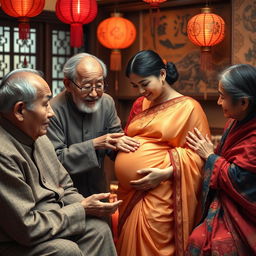 A scene depicting old Chinese men and women gently interacting with a young, busty, pregnant Indian lady adorned in a beautiful saree