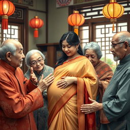 A scene depicting old Chinese men and women gently interacting with a young, busty, pregnant Indian lady adorned in a beautiful saree