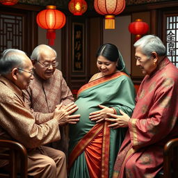 A scene depicting old Chinese men and women gently interacting with a young, busty, pregnant Indian lady adorned in a beautiful saree