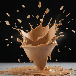 An explosion of creamy peanut butter in mid-air, with shards of peanut and droplets of butter beautifully scattered around.