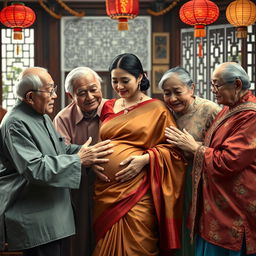 A scene depicting old Chinese men and women gently interacting with a young, busty, pregnant Indian lady adorned in a beautiful saree