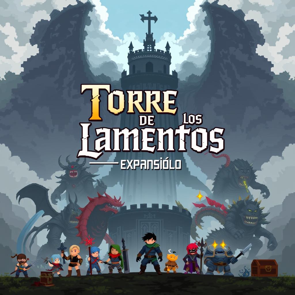 Pixel art cover for a video game titled 'Torre de los Lamentos', featuring a Giant Dungeon and colossal Boss monsters