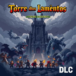 Pixel art cover for a video game titled 'Torre de los Lamentos', featuring a Giant Dungeon and colossal Boss monsters